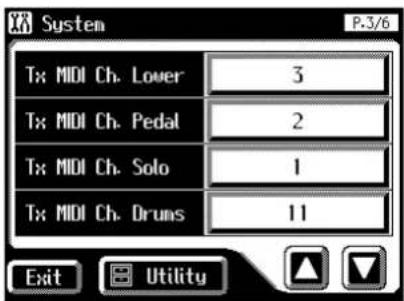 System P-3/6 Tx: MIDI Ch. Lower 3 Tx: MIDI Ch. Pedal 2 Tx: MIDI Ch. Solo 1 Tx: MIDI Ch. Drums 11 Exit Utility