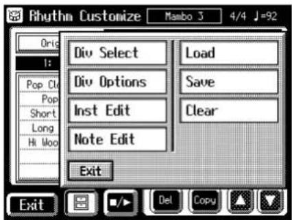 Rhythm Customize Original 1: Pop Cl Pop Short Long Hi Woo Div Select Div Options Inst Edit Note Edit Exit Load Save Clear Exit Del Copy 4/4 J=92