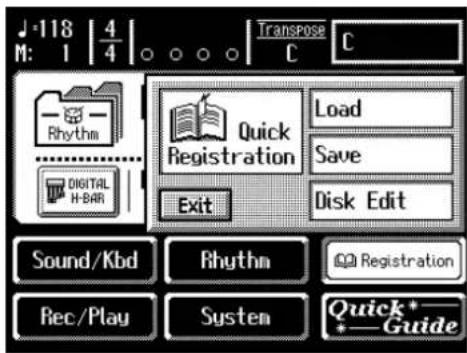 J-118 | 4 M: 1 4 Transpose C Rhythm Digital H-BAR Quick Registration Load Save Disk Edit Exit Sound/Kbd Rhythm Rec/Play System Registration Quick *_ * Guide