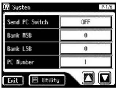 System P-1/6 Send PC Switch OFF Bank MSB 0 Bank LSB 0 PC Number 1 Exit Utility