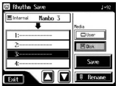 Rhythm Save Internal Manbo 3 1:---- 2:---- 3:---- 4:---- Media User Disk Save Rename Exit