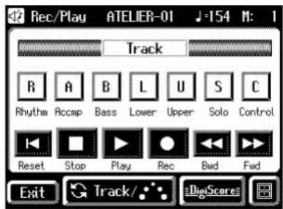 42 Rec/Play ATELIER-01 ♪-154 M: 1 Track R A B L U S C Rhythm Accap Bass Lower Upper Solo Control Reset Stop Play Rec Bad Fwd Exit Track/... DigScore