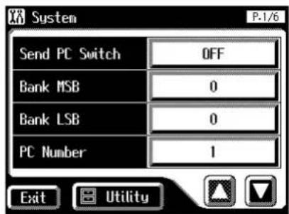 System P-1/6 Send PC Switch OFF Bank MSB 0 Bank LSB 0 PC Number 1 Exit Utility