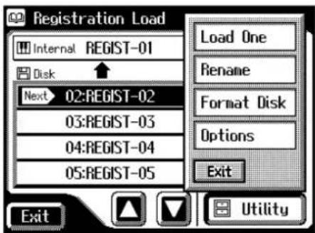 Registration Load Internal REGIST-01 Disk Next 02:REGIST-02 03:REGIST-03 04:REGIST-04 05:REGIST-05 Load One Rename Format Disk Options Exit Exit Utility