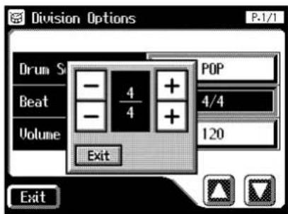 Division Options P.1/1 Drum S Beat Volume - - 4 4 + + - 4/4 120 Exit POP