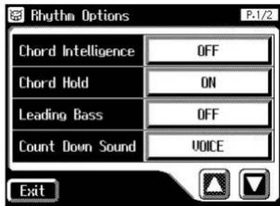 Rhythm Options P-1/2 Chord Intelligence OFF Chord Hold ON Leading Bass OFF Count Down Sound VOICE Exit