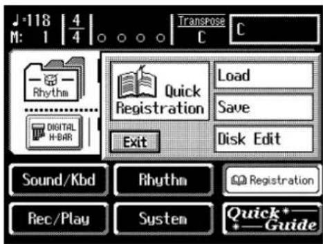 J=118 | 4 M: 1 | 4 Transpose C C Rhythm Digital H-BAR Quick Registration Load Save Disk Edit Exit Sound/Kbd Rhythm Rec/Play System Registration Quick*- +Guide