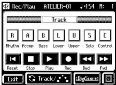 Rec/Play ATELIER-01 -154 M: 1 Track R A B L U S C Rhythm Accap Bass Lower Upper Solo Control Reset Stop Play Rec Bud Fwd Exit Track/... DigScore