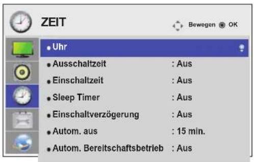 ZEIT Bewegen OK • Uhr • Ausschaltzeit : Aus • Einschaltzeit : Aus • Sleep Timer : Aus • Einschaltverzögerung : Aus • Autom. aus : 15 min. • Autom. Bereitschaftsbetrieb : Aus
