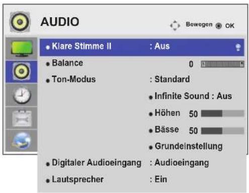 AUDIO Klare Stimme II : Aus Balance 0 Ton-Modus : Standard Infinite Sound : Aus Höhen 50 Bässe 50 Grundeinstellung Digitaler Audioeingang : Audioeingang Lautsprecher : Ein
