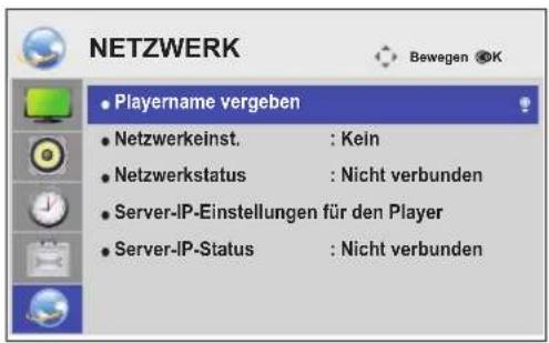 NETZWERK • Playername vergeben • Netzwerkeinst. : Kein • Netzwerkstatus : Nicht verbunden • Server-IP-Einstellungen für den Player • Server-IP-Status : Nicht verbunden