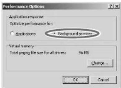 Performance Options Application response Optimize performance for: • Applicobore • Background services Virtual memory Total paging file size for all drives: 96 MB Change... OK Cancel