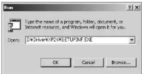 Run Type the name of a program, folder, document, or Internet resource, and Windows will open it for you. Open: D:\Driver\XP2\KSETUP\INF.EXE OK Cancel Browse...