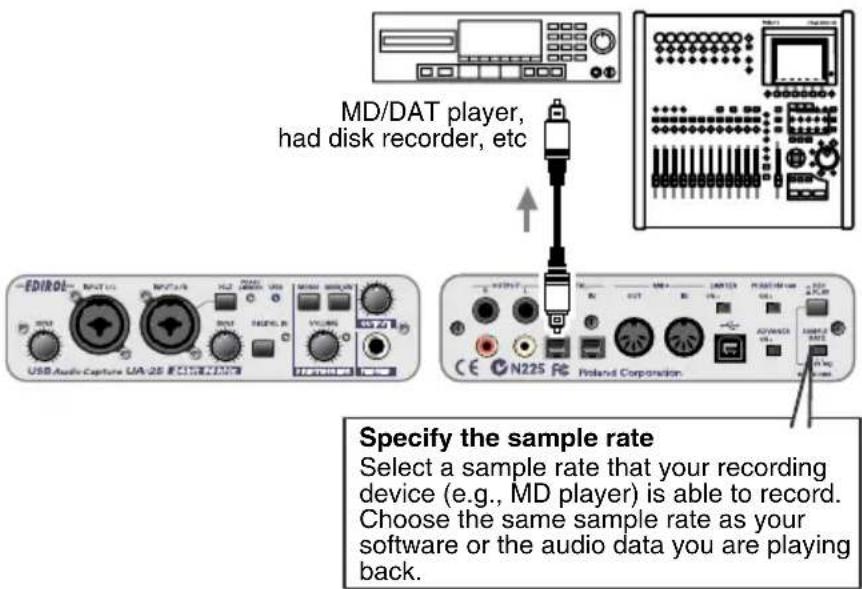 MD/DAT player, had disk recorder, etc Specify the sample rate Select a sample rate that your recording device (e.g., MD player) is able to record. Choose the same sample rate as your software or the audio data you are playing back.