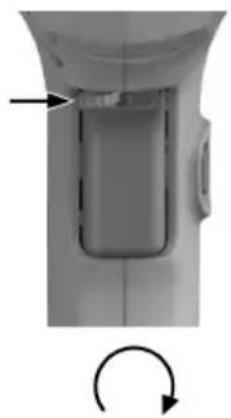 Close-up of a mechanical component with an arrow pointing to a section, and a circular arrow below indicating rotation (no text or symbols)