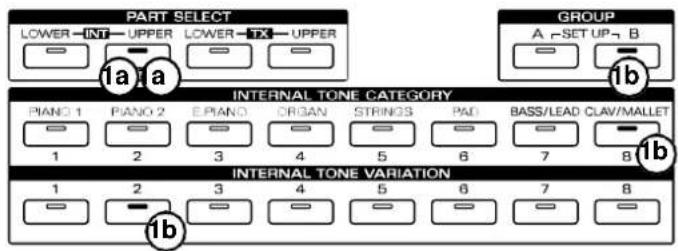 PART SELECT LOWER INT UPPER LOWER TX UPPER GROUP A SET UP B 1a 1b INTERNAL TONE CATEGORY PIANO 1 PIANO 2 EPIANO ORGAN STRINGS PAD BASS/LEAD CLAV/MALLET 1 2 3 4 5 6 7 8 INTERNAL TONE VARIATION 1 2 3 4 5 6 7 8 1b