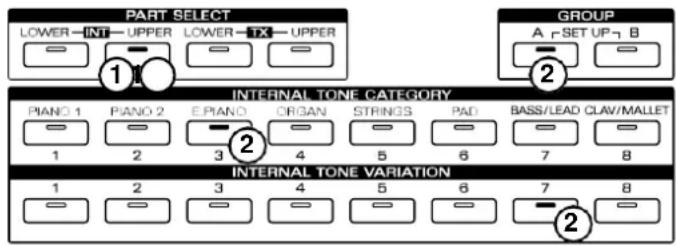 PART SELECT LOWER INT UPPER LOWER TX UPPER GROUP A SET UP B 1 2 INTERNAL TONE CATEGORY PIANO 1 PIANO 2 EPANO ORGAN STRINGS PAD BASS/LEAD CLAV/MALLET 1 2 3 4 5 6 7 8 INTERNAL TONE VARIATION 1 2 3 4 5 6 7 8