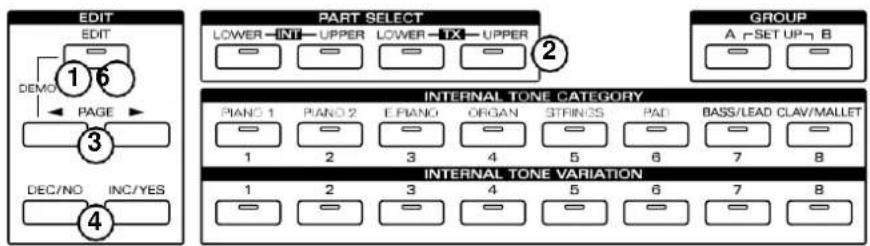 EDIT EDIT 1 6 DEMO PAGE 3 DEC/NO INC/YES 4 PART SELECT LOWER INT UPPER LOWER TX UPPER 2 GROUP A SET UP B INTERNAL TONE CATEGORY PIANO 1 PIANO 2 E PIANO ORGAN STRINES PAD BASS/LEAD CLAV/MALLET 1 2 3 4 5 6 7 8 INTERNAL TONE VARIATION 1 2 3 4 5 6 7 8
