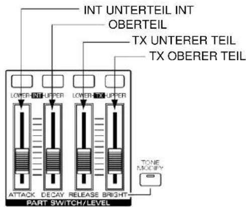 INT UNTERTEIL INT OBERTEIL TX UNTERER TEIL TX OBERER TEIL LOWER-INT-UPPER LOWER-XX-UPPER TONE MODIFY ATTACK DECAY RELEASE BRIGHT PART SWITCH/LEVEL