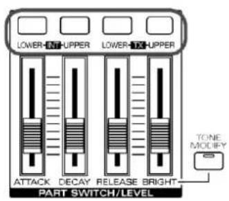 LOWER-INT-UPPER LOWER-IX-UPPER TONE MODIFY ATTACK DECAY RELEASE BRIGHT PART SWITCH/LEVEL
