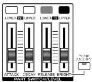 LOWER-OUT-UPPER LOWER-IRR-UPPER ATTACK DECAY RELEASE BRIGHT PART SWITCH/LEVEL TONE MODIFY