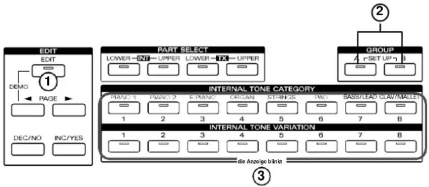 EDIT EDIT DEMO PAGE DEC/NO INC/YES PART SELECT LOWER INT UPPER LOWER TX UPPER GROUP 1 SET UP 3 INTERNAL TONE CATEGORY PIANO 1 PIANO 2 E PIANO ORGAN STRINGS PAD BASS/LEAD CLAV/MALLET 1 2 3 4 5 6 7 8 INTERNAL TONE VARIATION 1 2 3 4 5 6 7 8 die Anzeige blinkt ③