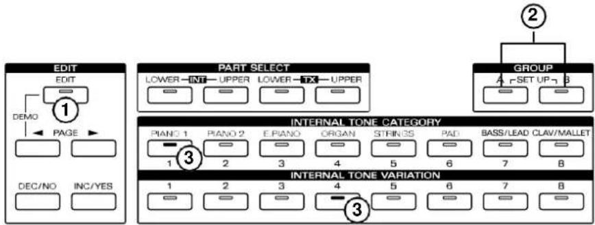 EDIT EDIT DEMO PAGE DEC/NO INC/YES PART SELECT LOWER INT UPPER LOWER TX UPPER GROUP A SET UP 3 INTERNAL TONE CATEGORY PIANO 1 PIANO 2 E.PIANO ORGAN STRINGS PAD BASS/LEAD CLAV/MALLET 1 2 3 4 5 6 7 8 INTERNAL TONE VARIATION 1 2 3 4 5 6 7 8