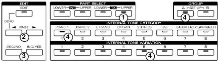 EDIT EDIT DEMO PAGE DEC/NO INC/YES PART SELECT LOWER—INT—UPPER LOWER—TX—UPPER GROUP A SET UP B 1 4 INTERNAL TONE CATEGORY PIANO 1 PIANO 2 EPIANO ORGAN STRINGS PAD BASS/LEAD CLAV/MALLET 1 2 3 4 5 6 7 8 INTERNAL TONE VARIATION 1 2 3 4 5 6 7 8