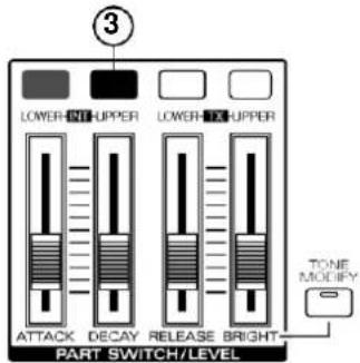 3 LOWER-INT-UPPER LOWER-BOX-UPPER TONE MODIFY ATTACK DECAY RELEASE BRIGHT PART SWITCH/LEVEL