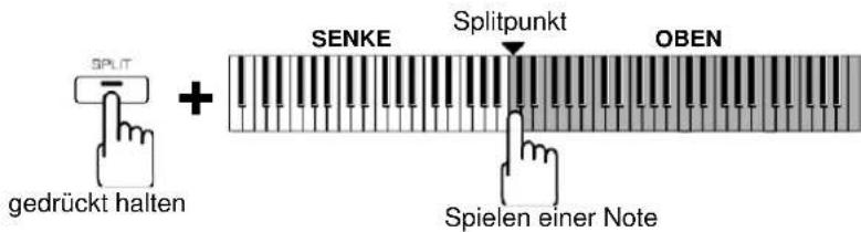SPLIT gedrückt halten + SENKE Splitpunkt OBEN Spielen einer Note