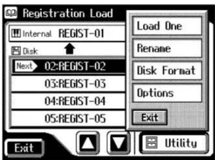 Registration Load Internal REGIST-01 Disk Next 02:REGIST-02 03:REGIST-03 04:REGIST-04 05:REGIST-05 Load One Rename Disk Format Options Exit Exit Utility