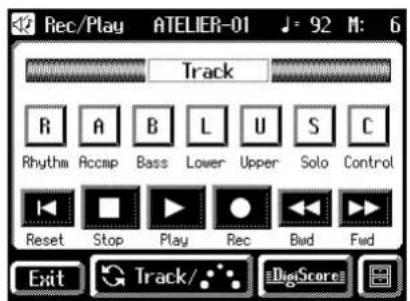 42 Rec/Play ATELIER-01 ♪ - 92 M: 6 Track R A B L U S C Rhythm Accmp Bass Lower Upper Solo Control Reset Stop Play Rec Bud Fwd Exit Track/... DigitScore
