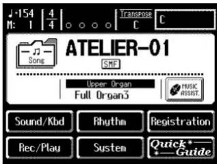 J=154 | 4 M: 1 | 4 ○ ○ ○ Transpose C C ATELIER-01 SME Upper Organ Full Organ3 MUSIC ASSIST. Sound/Kbd Rhythm Registration Rec/Play System Quick*—Guide