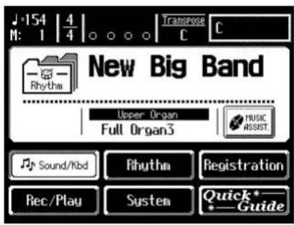 154 | 4 M: 1 | 4 | ○ ○ ○ | Transpose C C New Big Band Upper Organ Full Organ3 MUSIC ASSIST. Sound/Kbd Rhythm Registration Rec/Play System Quick*—Guide