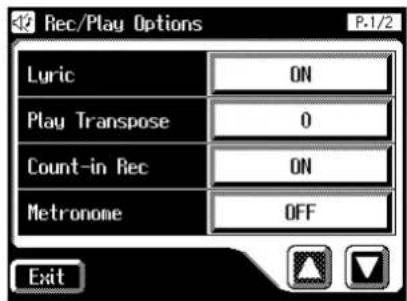 Rec/Play Options Luric ON Play Transpose 0 Count-in Rec ON Metronone OFF Exit