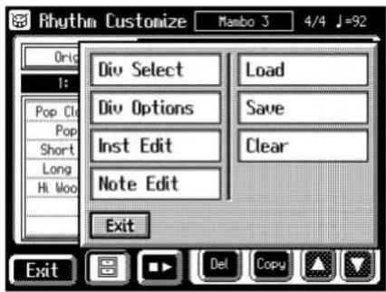 Rhythm Customize Mamba 3 4/4 J=92 Orig I: Pop Cl Pop Short Long Hi Woo Div Select Div Options Inst Edit Note Edit Exit Load Save Clear Exit