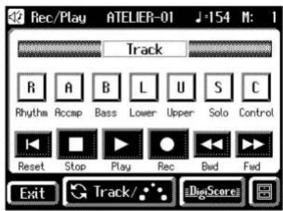 Rec/Play ATELIER-01 ♪-154 M: 1 Track R A B L U S C Rhythm Accap Bass Lower Upper Solo Control Reset Stop Play Rec Bad Fwd Exit Track/... DigScore