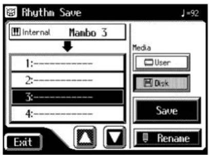 Rhythm Save Internal Mambo 3 1:---- 2:---- 3:---- 4:---- Media User Disk Save Rename Exit