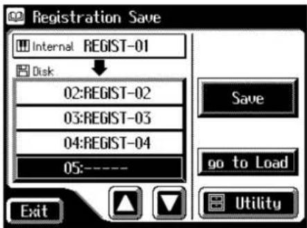 Registration Save Internal REGIST-01 Disk 02:REGIST-02 03:REGIST-03 04:REGIST-04 05:---- Save go to Load Exit Utility