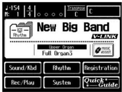J:154 | 4 M: 1 | 4 | Transpose C C New Big Band V-LINK Upper Organ Full Organ3 RUSIC ASSIST. Sound/Kbd Rhythm Registration Rec/Play System Quick*- + Guide