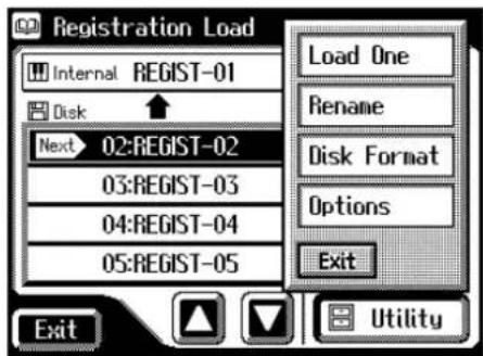 Registration Load Internal REGIST-01 Disk Next 02:REGIST-02 03:REGIST-03 04:REGIST-04 05:REGIST-05 Load One Rename Disk Format Options Exit Exit Utility