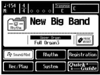 154 | 4/4 | Transpose C M: 1 | 0 0 0 | C New Big Band Upper Organ Full Organ3 MUSIC ASSIST. Sound/Kbd Rhythm Registration Rec/Play System Quick*—Guide
