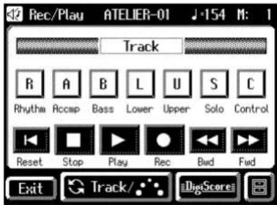 42 Rec/Play ATELIER-01 ♪·154 M: 1 Track R A B L U S C Rhythm Accap Bass Lower Upper Solo Control Reset Stop Play Rec Bud Fwd Exit Track/... DigitScore