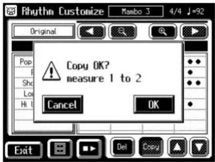Rhythm Customize Mambo J 4/4 J=92 Original Copy OK? measure 1 to 2 Cancel OK Exit Del Copy