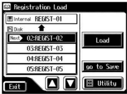 Registration Load Internal REGIST-01 Disk Next 02:REGIST-02 03:REGIST-03 04:REGIST-04 05:REGIST-05 Load go to Save Exit Utility