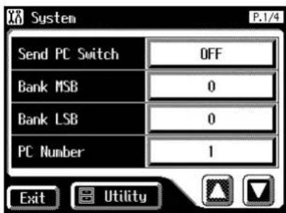 System P.1/4 Send PC Switch OFF Bank MSB 0 Bank LSB 0 PC Number 1 Exit Utility