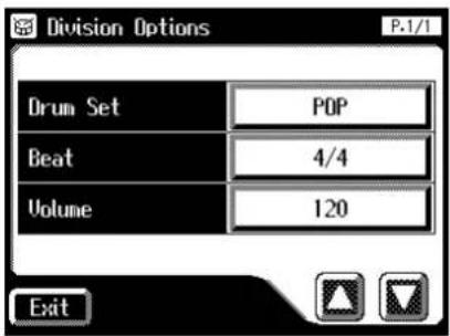 Division Options P.1/1 Drum Set POP Beat 4/4 Volume 120 Exit