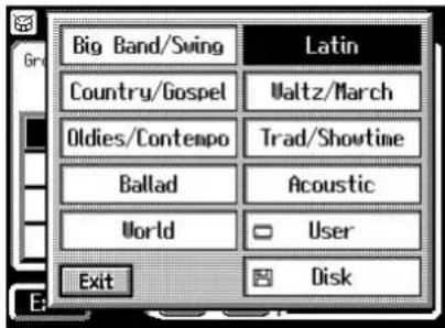 Big Band/Swing Latin Country/Gospel Waltz/March Oldies/Contempo Trad/Showtime Ballad Acoustic World User Exit Disk
