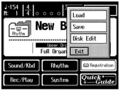 J·154 | 4 M: 1 4 New B Load Save Disk Edit Exit Upper Org Full Organ Sound/Kbd Rhythm Registration Rec/Play System Quick*- +Guide