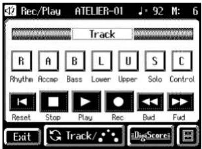 42 Rec/Play ATELIER-01 ♪ 92 M: 6 Track R A B L U S C Rhythm Accmp Bass Lower Upper Solo Control Reset Stop Play Rec Bwd Fwd Exit Track/... DigitScore